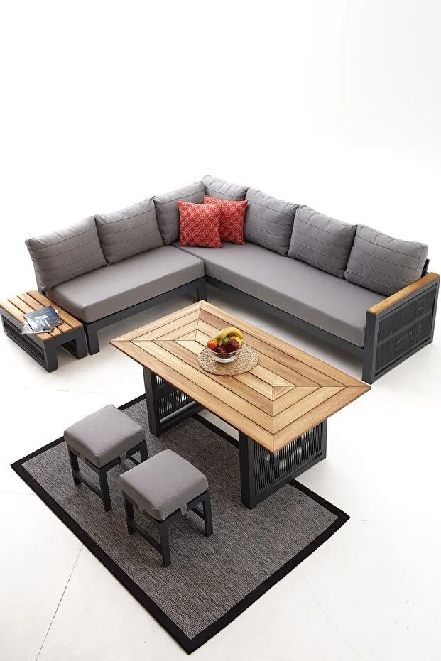 Alex Alüminyum Bahçe Balkon Köşe Takımı - Antrasit (MASA TABLASI DÜZ KESİM OLARAK GELMEKTEDİR)